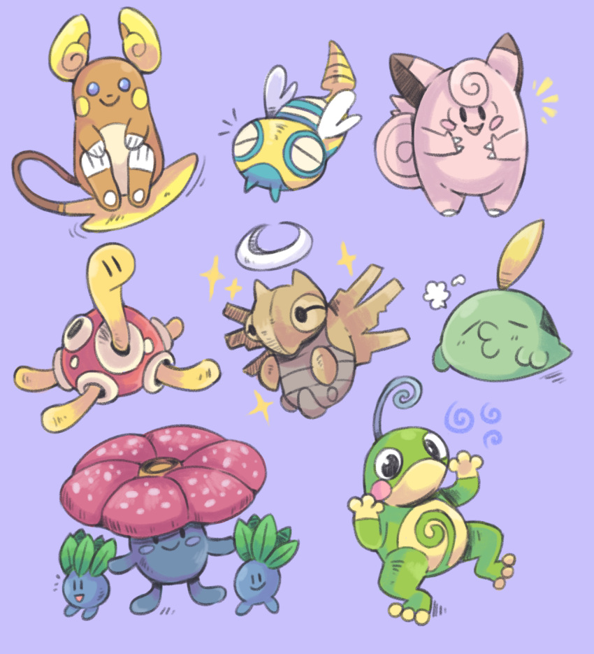 2019 3_toes alolan_form alolan_raichu ambiguous_gender antennae_(anatomy) belly bipedal_feral black_ear_tips black_eyes blue_body blue_cheeks blue_sclera brown_body claws clefairy closed_eyes colored curled_hair dipstick_ears dot_eyes dunsparce ear_markings featureless_feet feet feral floating flower flower_hair generation_1_pokemon generation_2_pokemon generation_3_pokemon generation_7_pokemon graskip green_body group gulpin hair halo hands_on_own_feet hi_res lips long_tail looking_at_viewer motion_lines multicolored_body multicolored_ears nintendo no_pupils noseless oddish orange_body pawpads pink_body pink_cheeks pink_hair pink_tail pink_wings plant plant_hair pokemon pokemon_(species) politoed pseudo_hair purple_background quadruped quadruped_to_biped red_flower red_shell regional_form_(pokemon) shaded shedinja shell shuckle simple_background sitting sitting_on_tail smile smiling_at_viewer sparkles spiral spiral_markings stinger stubby_arms stubby_legs tail toes two_tone_body vileplume white_belly white_body white_claws white_pawpads white_paws white_wings wings yellow_antennae yellow_body yellow_ears yellow_paws yellow_toes