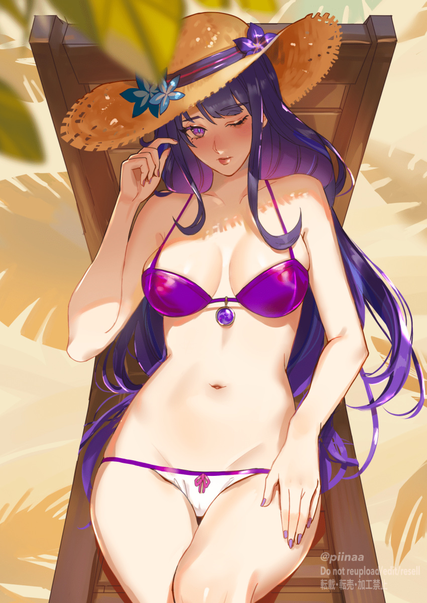 alternate_costume armpit_crease artist_name bare_arms bare_shoulders beach bikini blue_pupils blunt_bangs blurry blush braid breasts chair cleavage closed_mouth collarbone commentary_request depth_of_field female folding_chair genshin_impact hand_on_own_thigh hand_up hat head_tilt highres long_braid long_hair lying medium_breasts mole mole_under_eye multicolored_eyes navel on_back one_eye_closed outdoors palm_leaf palm_tree piinaa_(2214221) pink_lips purple_bikini purple_eyes purple_hair purple_nails raiden_shogun sand shade shadow single_braid solo stomach straw_hat string_bikini swimsuit thighs tree watermark