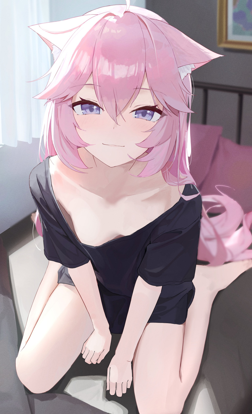 absurdres ahoge animal_ear_fluff animal_ears barefoot black_shirt breasts cat_ears cat_girl female highres indie_virtual_youtuber long_hair looking_at_viewer monokulo_kitsune nyatasha_nyanners pink_hair purple_eyes shirt small_breasts smile solo very_long_hair