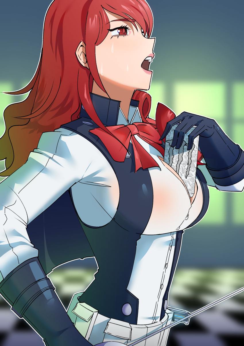 absurdres belt between_breasts black_gloves black_vest blurry blurry_background bow bowtie breasts checkered_floor collared_shirt commentary english_commentary eyelashes female gjh gloves hand_up highres holding holding_sword holding_weapon indoors kirijou_mitsuru large_breasts lips long_hair monster_energy open_clothes open_mouth open_vest partially_unbuttoned persona persona_3 rapier red_bow red_bowtie red_eyes red_hair see-through see-through_shirt shirt solo sweatdrop sword teeth upper_body upper_teeth_only vest weapon white_belt