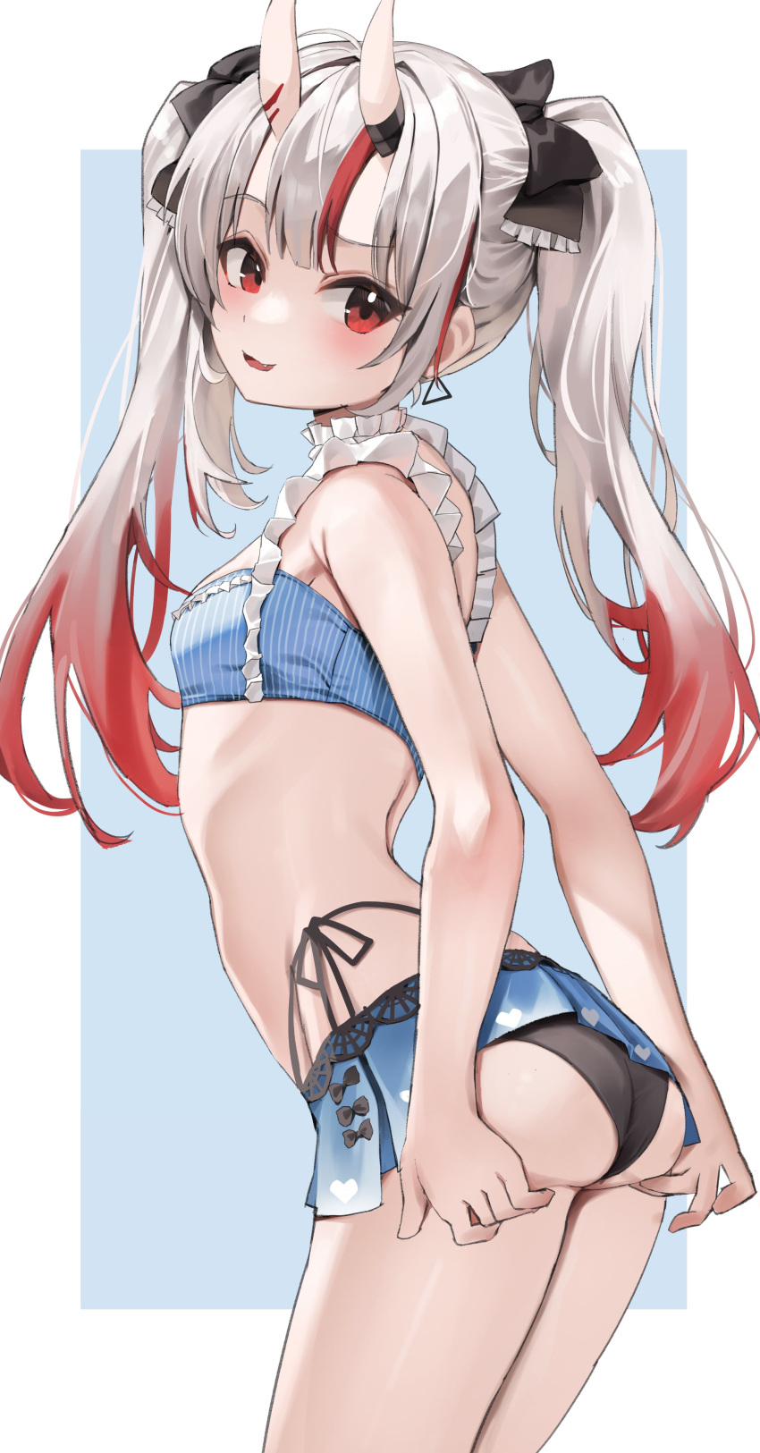 absurdres ass bare_arms bare_shoulders blush bow breasts cowboy_shot crop_top female grey_hair hair_ornament highres hololive horns long_hair looking_at_viewer midriff multicolored_hair nakiri_ayame nakiri_ayame_(hololive_summer_2019) official_alternate_costume oni open_mouth panties red_eyes red_hair scarlet_(wv0102) skin-covered_horns small_breasts smile solo streaked_hair thighs twintails underwear virtual_youtuber