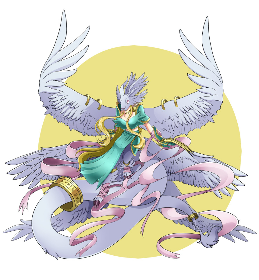 angewomon blonde_hair breasts cleavage digimon digimon_(creature) feathered_wings fusion gauntlets highres holydramon large_breasts long_hair ofanimon pink_ribbon pointy_ears ribbon rubixkun_(capnii) white_background white_wings wings yellow_background