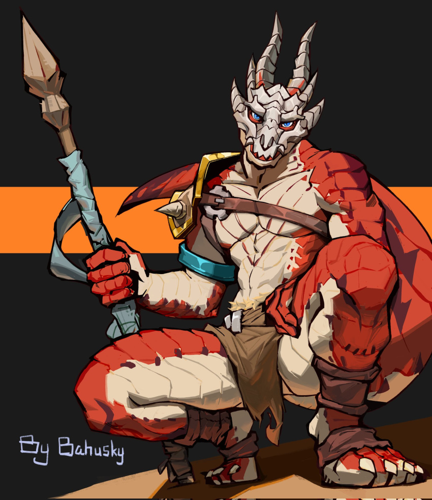 2024 24kbahamut abs anthro barazoku biceps big_muscles biped blue_eyes bottomwear brown_bottomwear brown_clothing brown_loincloth clothing countershade_scales countershading dragon hi_res loincloth looking_at_viewer male mask muscular muscular_anthro muscular_male mythological_creature mythological_scalie mythology pecs red_body red_scales scales scalie skull_mask solo white_body white_countershading white_scales