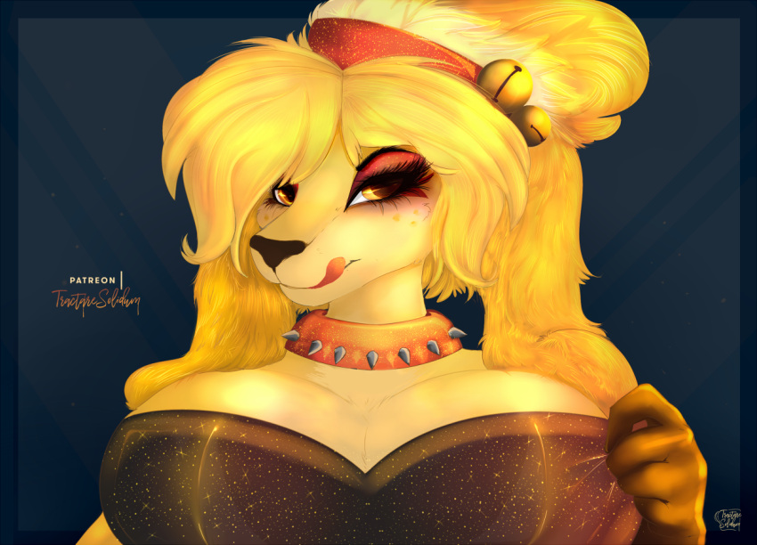 2019 5_fingers animal_crossing anthro artist_name bangs bell big_breasts black_background black_clothing black_crop_top black_eyebrows black_nose black_shirt black_topwear blonde_hair breasts brown_clothing brown_gloves brown_handwear bust_portrait canid canine canis cleavage clothed clothing collar colored crop_top digital_drawing_(artwork) digital_media_(artwork) domestic_dog ears_on_shoulders eyebrows eyelashes eyeshadow female fingers fluffy_ears front_view fur gloves hair half-closed_eyes handwear holding_clothing holding_object isabelle_(animal_crossing) licking licking_lips licking_own_lips light lighting looking_at_viewer makeup mammal narrowed_eyes nintendo orange_collar orange_tongue patreon patreon_artist ponytail portrait rakkyoarts red_eyeshadow red_hair_tie shaded shih_tzu shirt simple_background smile smiling_at_viewer solo spiked_collar spikes text tongue topwear toy_dog yellow_body yellow_eyes yellow_fur