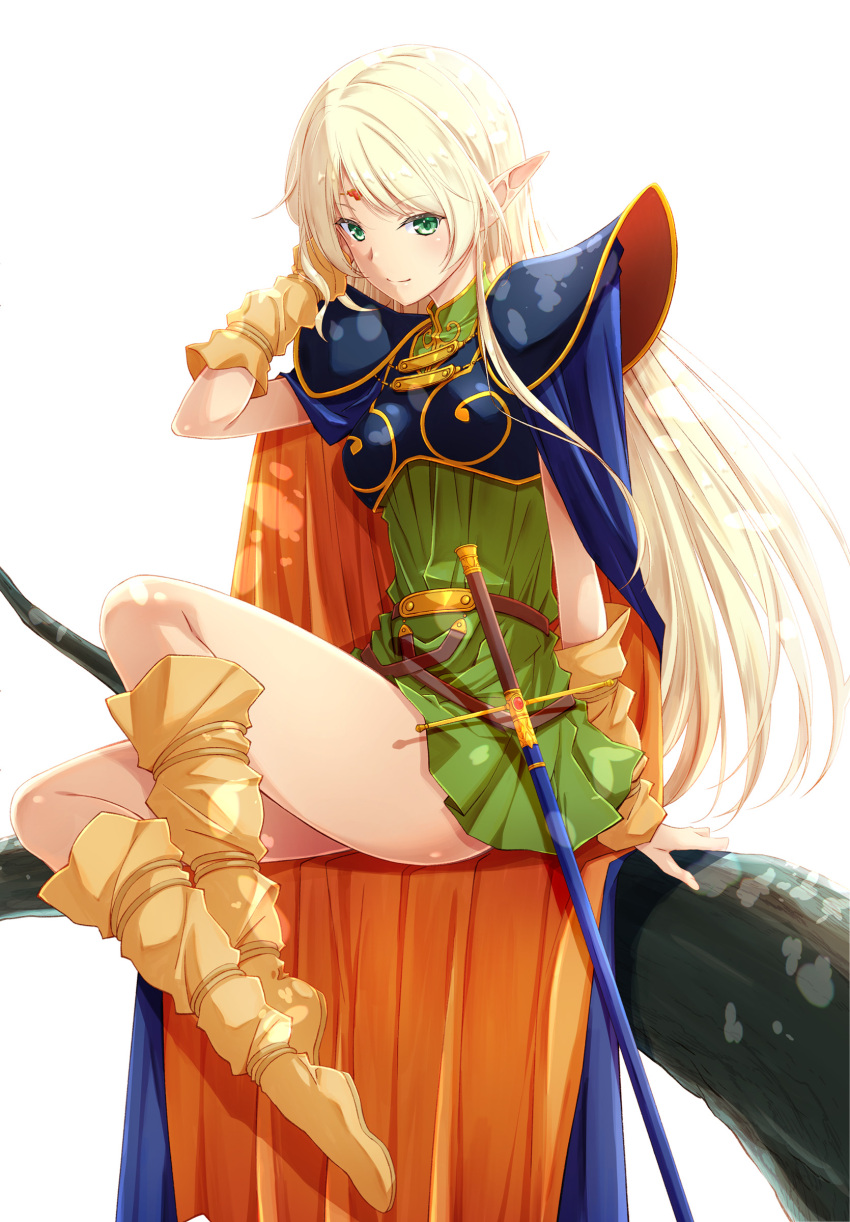 absurdres armor blonde_hair boots breasts cape commentary_request deedlit elf female green_eyes highres izumi_mahiru long_hair looking_at_viewer pauldrons pointy_ears record_of_lodoss_war shoulder_armor sitting small_breasts smile solo sword weapon