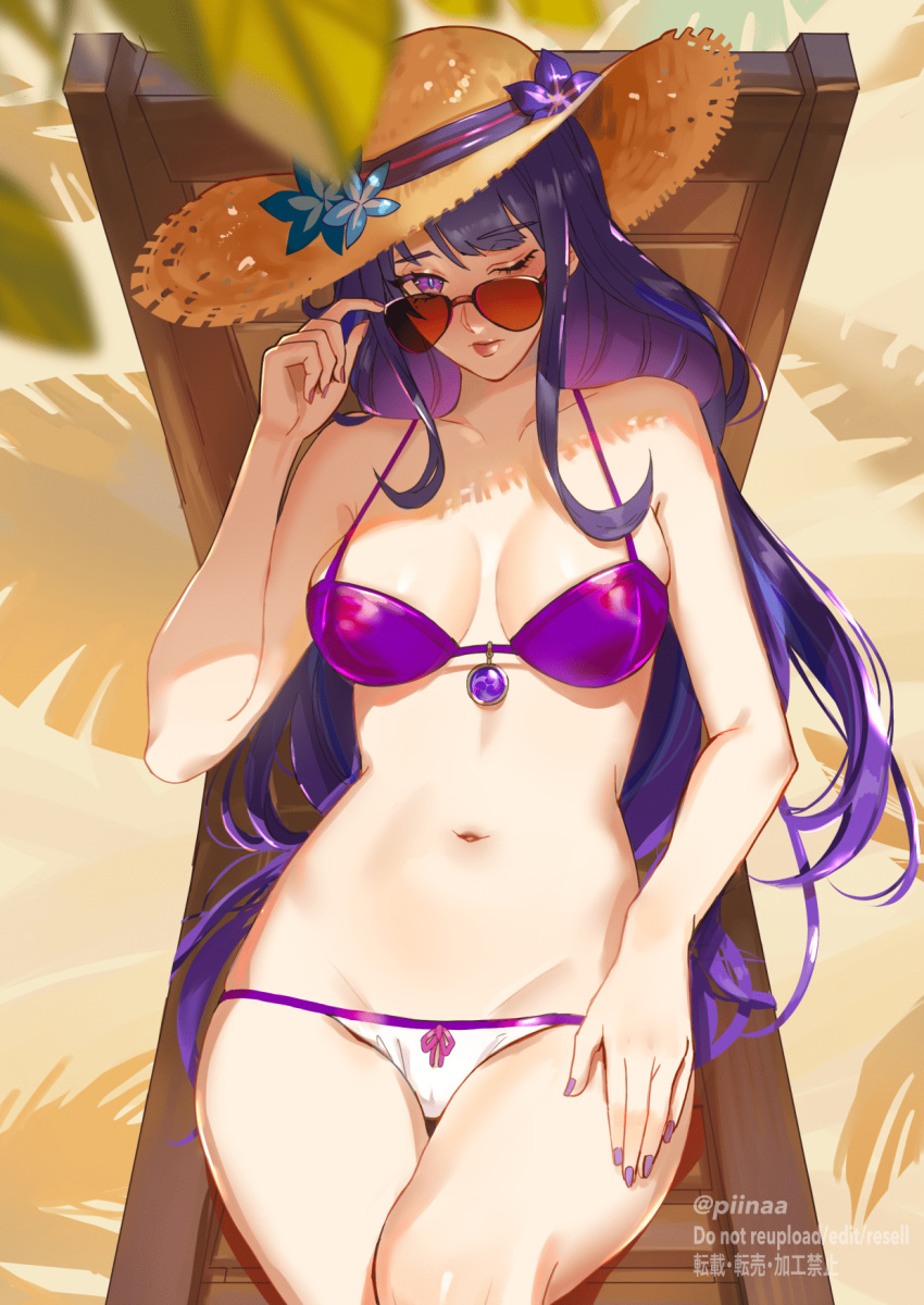 alternate_costume armpit_crease artist_name bare_arms bare_shoulders beach bikini blue_pupils blunt_bangs blurry blush braid breasts chair cleavage closed_mouth collarbone commentary_request depth_of_field female folding_chair genshin_impact hand_on_own_thigh hand_up hat head_tilt highres long_braid long_hair lying medium_breasts mole mole_under_eye multicolored_eyes navel on_back one_eye_closed outdoors palm_leaf palm_tree piinaa_(2214221) pink_lips purple_bikini purple_eyes purple_hair purple_nails raiden_shogun sand shade shadow single_braid solo stomach straw_hat string_bikini sunglasses swimsuit thighs tree watermark