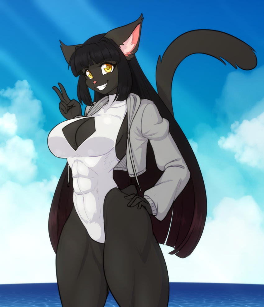 2024 5_fingers abs absurd_res anthro black_hair breasts cleavage_cutout clothed clothing cutout digital_media_(artwork) domestic_cat felid feline felis female fingers gesture hair hand_gesture hand_on_hip hi_res inner_ear_fluff las_lindas long_hair looking_at_viewer mammal one-piece_swimsuit rachael_saleigh scorpdk smile smiling_at_viewer solo swimwear tail tuft v_sign white_clothing white_swimwear yellow_eyes