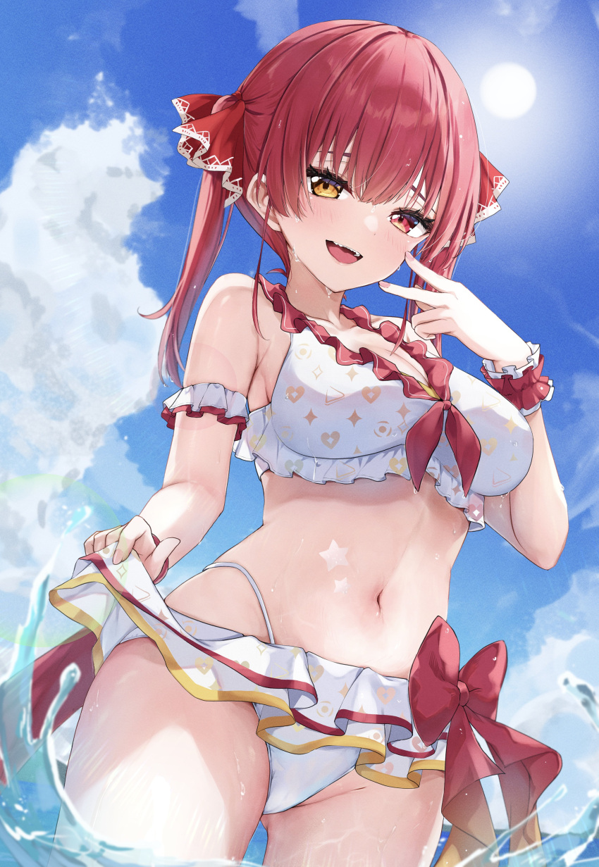 absurdres armband bikini breasts female frilled_bikini frills heterochromia highres hololive hololive_summer_2022_swimsuit houshou_marine large_breasts looking_at_viewer navel official_alternate_costume open_mouth outdoors red_eyes red_hair red_ribbon ribbon smile solo swimsuit teeth upper_teeth_only virtual_youtuber white_bikini wristband yellow_eyes yoshinon_(yoshinon_kotori)