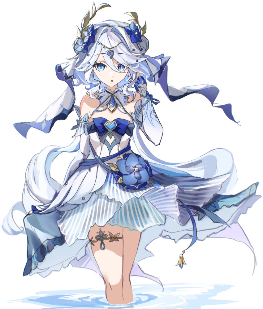 :o adapted_costume arm_behind_back bare_shoulders blue_eyes blue_flower blue_hair blue_pupils blue_ribbon breasts circlet commentary cosplay detached_sleeves double_bun dress drop-shaped_pupils female flower furina_(genshin_impact) genshin_impact hair_between_eyes hair_bun hair_flower hair_ornament hand_in_own_hair hand_up heterochromia highres jewelry light_blue_hair long_hair long_sleeves looking_at_viewer multicolored_hair nilou_(breeze_of_sabaa)_(genshin_impact) nilou_(genshin_impact) nilou_(genshin_impact)_(cosplay) ribbon situki small_breasts solo streaked_hair symbol-shaped_pupils thighlet very_long_hair wading white_background white_dress white_hair white_sleeves