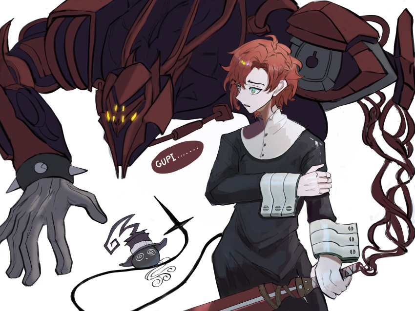 1boy @_@ absurdres black_dress cosplay creature crona_(soul_eater) crona_(soul_eater)_(cosplay) dress english_text green_eyes hand_on_own_arm hat highres holding holding_sword holding_weapon holostars holostars_english machina_x_flayon machiroon_(machina_x_flayon) male_focus mechanical_tail miqoua parted_bangs r-trus_(machina_x_flayon) ragnarok_(demon_sword) red_hair short_hair side_part slit_pupils soul_eater standing sword tail virtual_youtuber weapon white_background witch_hat