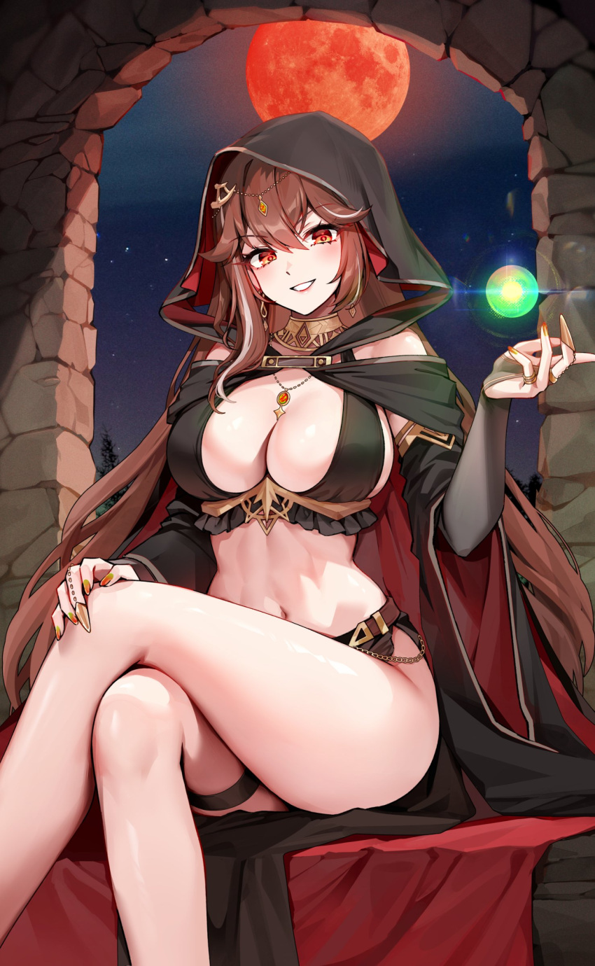 absurdres blush breasts brown_hair character_request claw_ring copyright_request crossed_legs female foxyreine full_moon highres hood large_breasts long_hair looking_at_viewer moon navel night night_sky open_mouth red_moon sitting sky smile solo thighs