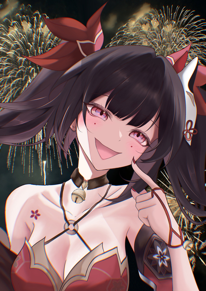 :d absurdres arison bare_shoulders black_hair breasts cleavage criss-cross_halter detached_sleeves dress facial_mark female fireworks halterneck hand_up head_tilt highres honkai:_star_rail honkai_(series) index_finger_raised long_hair mark_under_both_eyes mask mask_on_head nail_polish o-ring o-ring_top open_mouth pink_eyes red_dress red_nails smile solo sparkle_(honkai:_star_rail) twintails upper_body