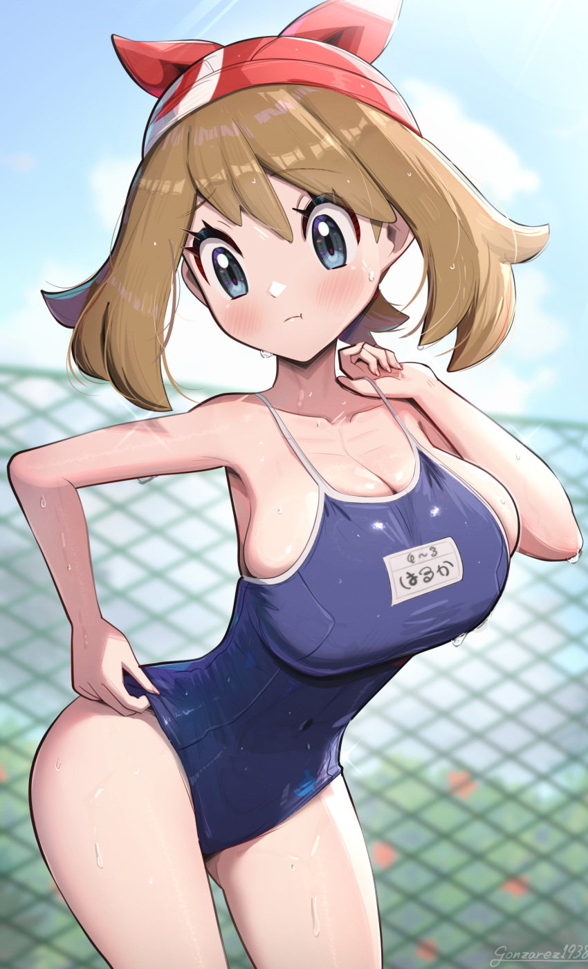 absurdres adjusting_clothes adjusting_swimsuit bare_shoulders beanie blue_eyes blue_one-piece_swimsuit blurry blurry_background blush bow_hairband breasts brown_hair cleavage closed_mouth collarbone competition_school_swimsuit covered_navel cowboy_shot female fence gonzarez hair_between_eyes hairband hat highres leaning_forward may_(pokemon) medium_hair one-piece_swimsuit outdoors pokemon pokemon_rse pout red_hairband school_swimsuit sideboob skindentation solo strap_pull swimsuit undersized_clothes