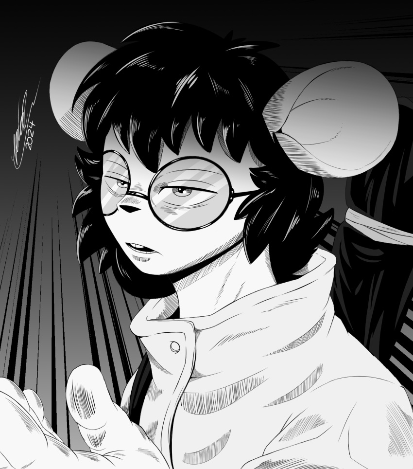 anthro clothing eyewear goggles gwen_geek gwen_martin hi_res humanoid itisjoidok jujutsu_kaisen looking_at_viewer male mammal monochrome mouse murid murine open_mouth rodent rule_63 solo white_clothing