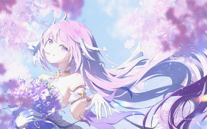 bare_shoulders blue_sky bouquet breasts cherry_blossoms diamond-shaped_pupils diamond_(shape) elysia_(herrscher_of_human:_ego)_(honkai_impact) elysia_(honkai_impact) female gloves hair_ornament holding holding_bouquet honkai_(series) honkai_impact_3rd large_breasts long_hair looking_at_viewer multicolored_hair parted_lips pink_hair purple_eyes sky smile solo symbol-shaped_pupils teeth two-tone_hair very_long_hair white_gloves white_hair yujxue