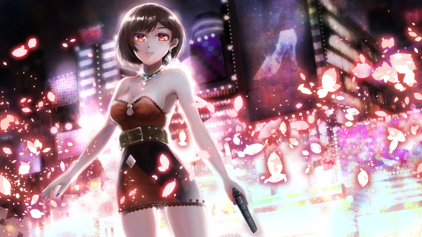 belt belt_buckle black_belt bob_cut breasts brown_hair buckle building cleavage dress earrings female gun highres holding holding_gun holding_weapon jewelry kozou_kazaru lips medium_breasts meiko_(vocaloid) necklace purple_nails red_dress red_eyes shoes solo swept_bangs vocaloid weapon