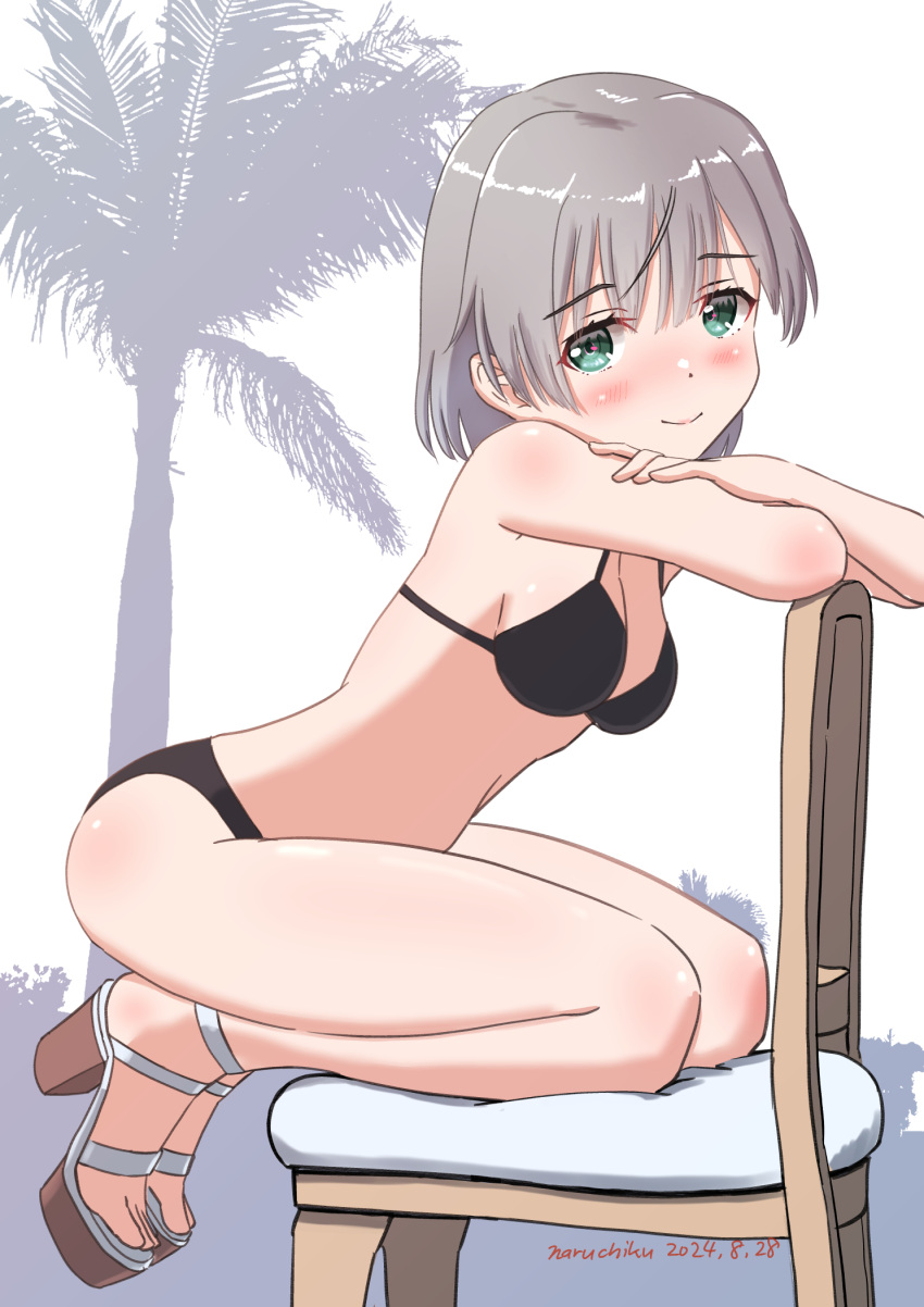 bikini black_bikini blush breasts cleavage closed_mouth dated female green_eyes high_heels highres looking_at_viewer medium_breasts naruchisukisuki palm_tree sanya_v._litvyak short_hair signature smile solo strike_witches swimsuit tree white_hair world_witches_series