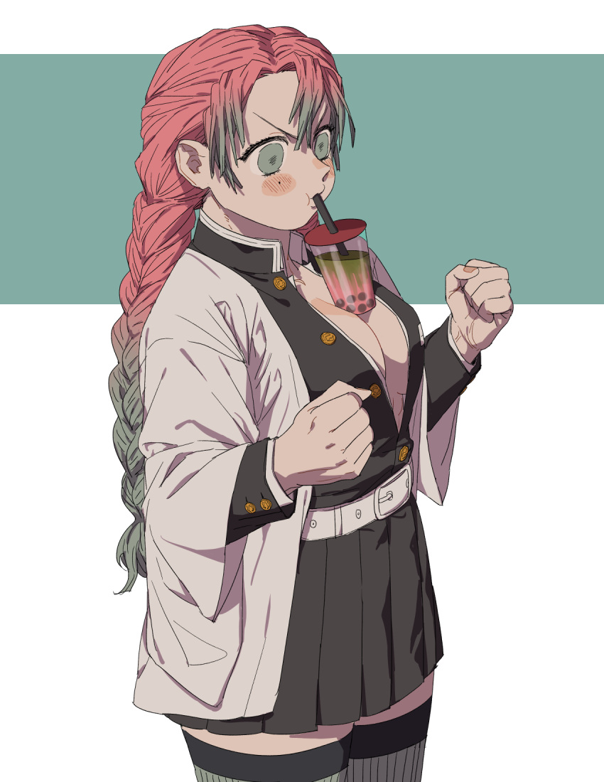 aqua_background black_jacket black_skirt blush_stickers braid breasts cleavage demon_slayer_uniform drinking drinking_straw drinking_straw_in_mouth female green_eyes green_hair green_thighhighs highres jacket kanroji_mitsuri kimetsu_no_yaiba long_hair long_sleeves pink_hair skirt solo strawberryjamm thighhighs twin_braids two-tone_background v-shaped_eyebrows white_background