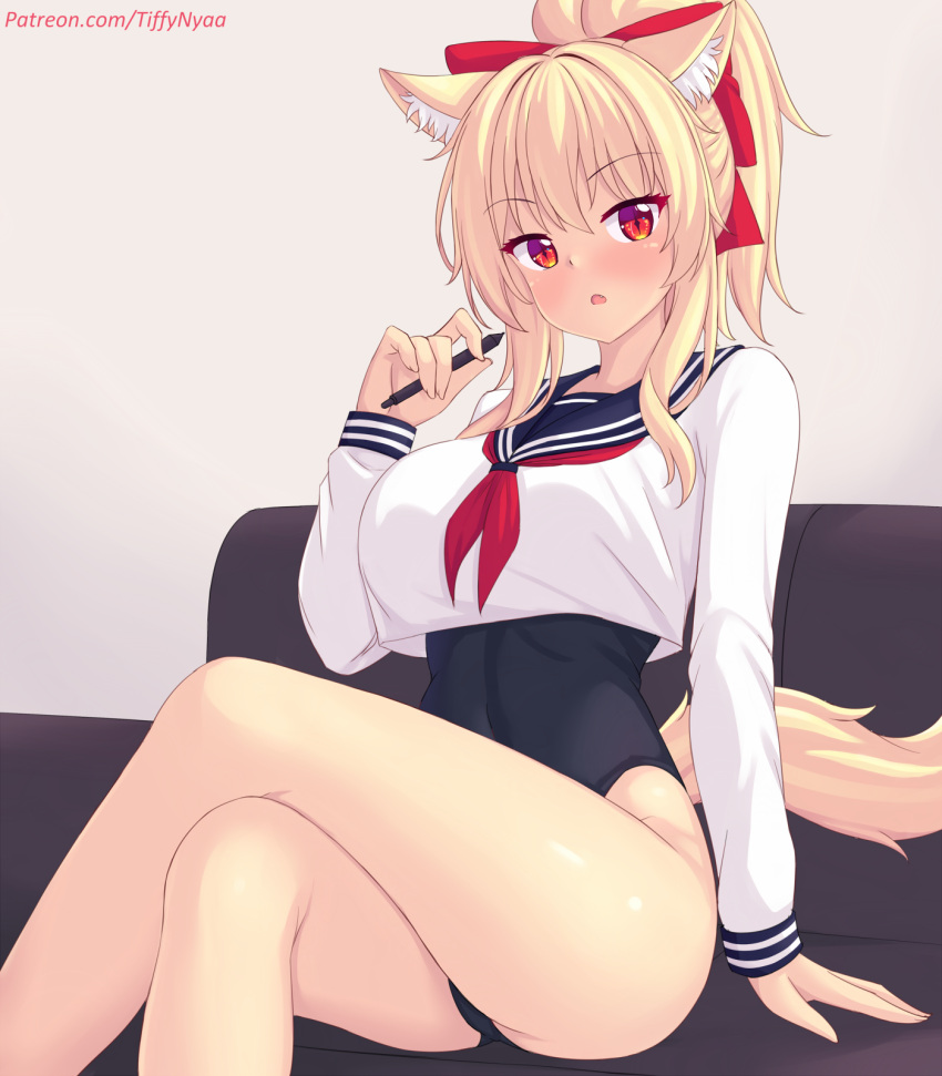 animal_ear_fluff animal_ears blonde_hair blush bow breasts cat_ears cat_girl cat_tail crossed_legs female hairbow high_ponytail highres large_breasts looking_at_viewer nottytiffy one-piece_swimsuit original red_eyes school_uniform serafuku short_hair_with_long_locks sitting slit_pupils solo swimsuit tail tiffy_(nottytiffy) web_address