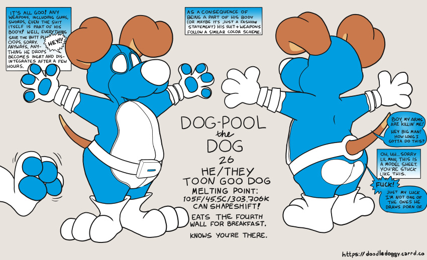 absurd_res blue_clothing canid canine canis clothing dog-pool domestic_dog doodledoggy english_text goo_creature hi_res latex latex_clothing latex_skinsuit mammal model_sheet skinsuit spandex spandex_suit text tight_clothing toony