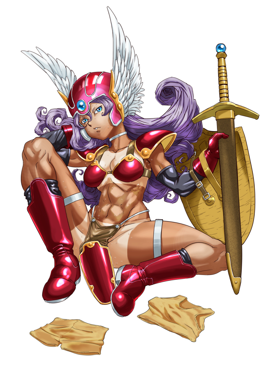 abs armor bikini_armor dragon_quest dragon_quest_iii elbow_gloves female gloves helmet highres holding holding_sword holding_weapon long_hair muscular muscular_female purple_hair red_armor sheath sheathed shield shimotsuki_juugo shoulder_armor sitting soldier_(dq3) solo sweat sword tan tanlines weapon winged_helmet