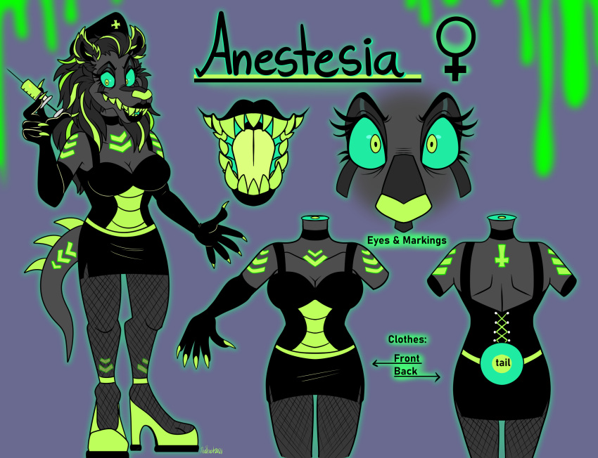 2021 5_fingers anestesia_(beastofeuthanasia) anthro armwear beastofeuthanasia bent_arm black_armwear black_bottomwear black_choker black_clothing black_elbow_gloves black_eyebrows black_gloves black_hair black_handwear black_hat black_headwear black_jewelry black_lips black_necklace black_shirt black_skirt black_tank_top black_topwear blue_sclera bottomwear breasts canid canine character_name choker clawed_fingers claws cleavage close-up clothed clothed_anthro clothed_female clothing digital_media_(artwork) elbow_gloves english_text eyebrows eyelashes fangs female fingers fishnet_clothing fishnet_leggings fishnet_legwear flat_colors footwear front_view fur gender_symbol gloves green_claws green_clothing green_eyes green_fangs green_footwear green_high_heels green_highlights green_markings green_nose green_spines green_tongue grey_body grey_breasts grey_fur grey_tail hair hair_on_shoulders handwear hat headgear headwear hi_res high_heels highlights_(coloring) holding_needle holding_object hybrid jewelry leggings legwear lips long_hair mammal markings medical_instrument medical_syringe model_sheet necklace nurse_clothing nurse_hat nurse_headwear open_mouth rear_view reptile scalie scientific_instrument shirt shoes skirt smile smiling_at_viewer solo spines standing stated_gender symbol syringe tail tank_top teeth text tongue topwear