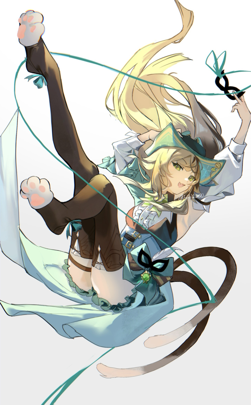 :d armpits blonde_hair brown_thighhighs cat_tail female floating_hair genshin_impact gradient_background green_eyes grey_background hat highres holding holding_mask kirara_(genshin_impact) kirara_(phantom_in_boots)_(genshin_impact) long_hair long_sleeves looking_at_viewer mask multiple_tails official_alternate_costume smile solo stella_(105_yoru) tail thighhighs two_tails very_long_hair white_background