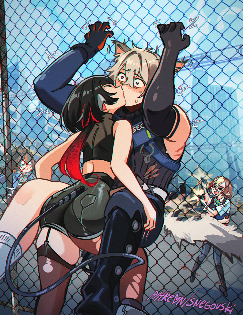 >o< 2boys 3girls absurdres against_fence animal_ears ass assertive_female black_hair blood brown_hair commentary english_commentary fence firing garter_straps grey_hair gun hair_between_eyes handgun highres holding holding_gun holding_weapon hollow_thug_bulky_enforcer_(zenless_zone_zero) injury jane_doe_(zenless_zone_zero) kissing long_tail mouse_ears mouse_girl mouse_tail multicolored_hair multiple_boys multiple_girls pantyhose patreon_username pointy_ears red_hair scared seth_lowell single_garter_strap single_leg_pantyhose snegovski straight surprised tail thighhighs tomiya_(zenless_zone_zero) torn_clothes torn_pantyhose torn_thighhighs torn_vest trembling two-tone_hair weapon zenless_zone_zero zhu_yuan