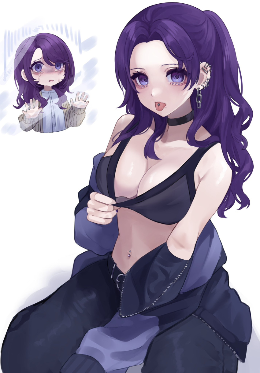 2girls adjusting_clothes aegyo_sal alternate_costume arm_between_legs armpit_crease asahina_mafuyu asahina_mafuyu's_mother bare_shoulders black_choker black_sports_bra blue_jacket blue_pants breasts chain_earrings chains choker cleavage cross_in_eye crying crying_with_eyes_open denim ear_piercing earrings hair_over_shoulder hands_up heart heart-shaped_pupils highres jacket jacket_partially_removed jeans jewelry jishou_210 large_breasts long_hair long_sleeves looking_at_viewer midriff mother_and_daughter multiple_girls navel navel_piercing open_clothes open_jacket pants parted_bangs piercing ponytail project_sekai purple_eyes purple_hair ring simple_background sitting solo_focus sports_bra symbol-shaped_pupils tears tongue tongue_out tongue_piercing white_background wide-eyed