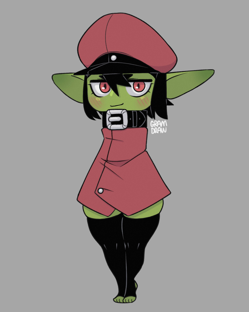 2023 4:5 absurd_res belt_buckle big_ears black_clothing black_eyebrows black_hair black_legwear black_thigh_highs blush blush_lines buckle cloak clothing digital_drawing_(artwork) digital_media_(artwork) eyebrows feet femboy front_view full-length_portrait goblin gram_(gramdraw) gramdraw green_body green_ears green_face green_skin grey_background hair hat headgear headwear hi_res humanoid humanoid_pointy_ears legwear long_ears male mouth_closed narrowed_eyes portrait red_cloak red_clothing red_eyes red_hat red_headwear signature simple_background small_eyebrows solo thigh_highs toes