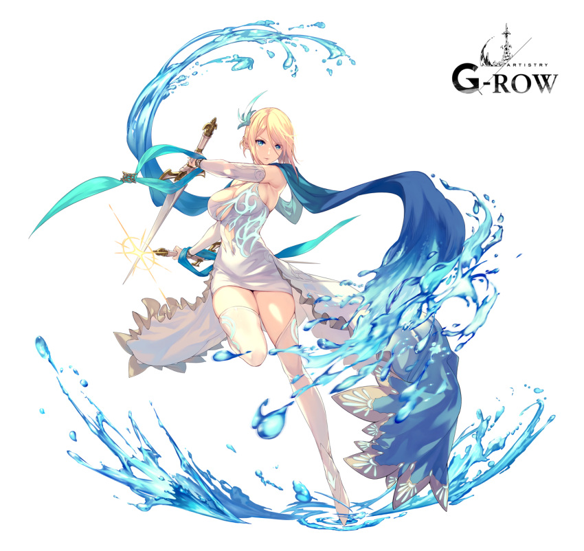 aqua_eyes blonde_hair boots closed_mouth dare_ga_tame_no_alchemist detached_sleeves dress dual_wielding female fighting_stance full_body hair_ornament highres holding looking_at_viewer official_alternate_costume official_art rinzo short_sword solo standing standing_on_one_leg sword thigh_boots water weapon white_background white_dress white_footwear yauras_(dare_ga_tame_no_alchemist)