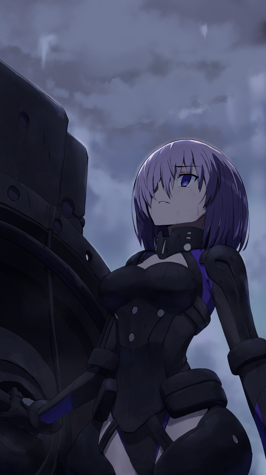 absurdres armor black_leotard breasts cloud fate/grand_order fate_(series) female hair_over_one_eye highres leotard looking_up lord_camelot_(fate) mash_kyrielight mash_kyrielight_(ortenaus) overcast parted_lips pink_hair purple_eyes shield short_hair sky solo standing tsukinaga