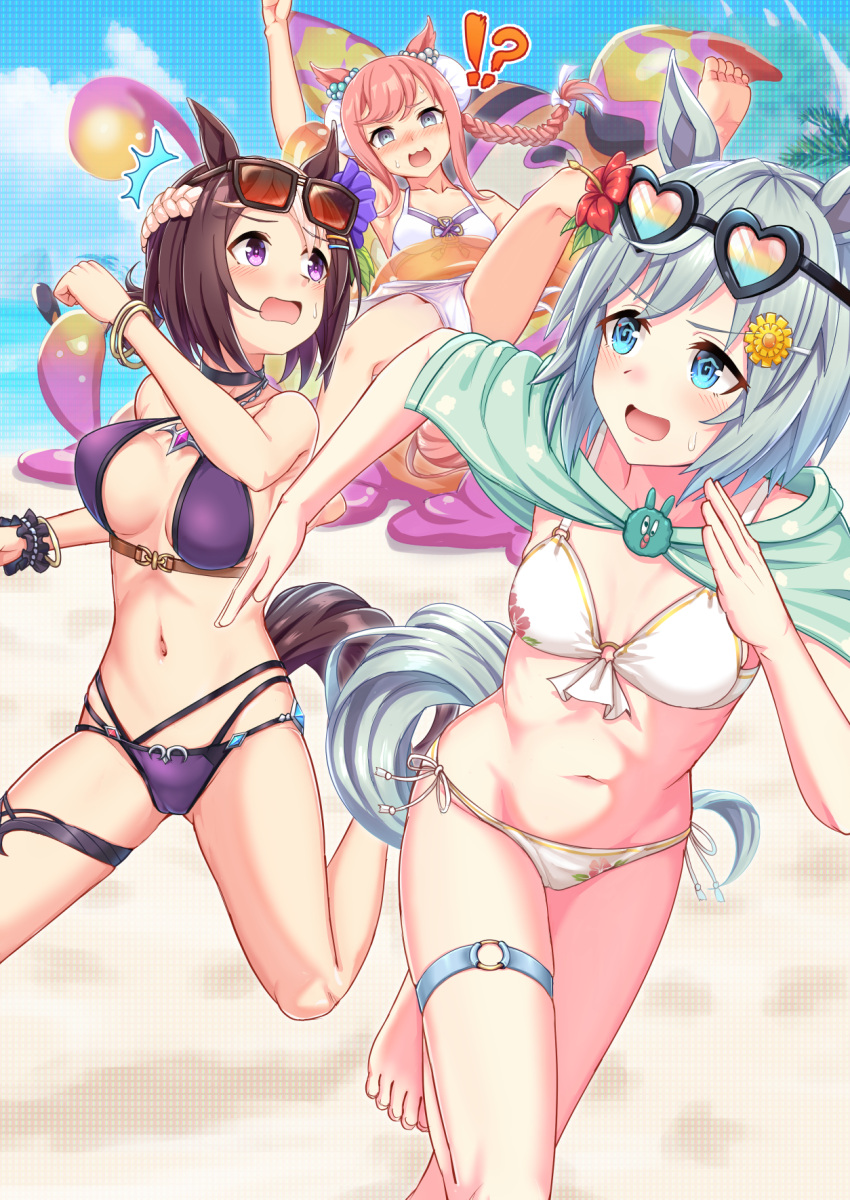 !? 3girls @_@ ^^^ agnes_digital_(umamusume) animal_ears arm_up bare_shoulders barefoot beach bikini black_choker blue_eyes blue_sky blush bracelet braid breasts brown_hair bun_cover capelet choker cleavage cloud commentary_request criss-cross_halter crown_braid day double_bun ear_ornament eyewear_on_head flower green_capelet grey_hair hair_between_eyes hair_bun hair_flower hair_ornament hairclip halterneck heart heart-shaped_eyewear highres horse_ears horse_girl horse_tail jewelry long_hair looking_at_another medium_breasts midriff multi-strapped_bikini_bottom multicolored_hair multiple_bracelets multiple_girls navel nose_blush open_mouth outdoors pink_hair princess_connect! purple_bikini purple_eyes restrained running seiun_sky_(umamusume) shadow short_hair side-tie_bikini_bottom sidelocks sky slime_(creature) small_breasts special_week_(umamusume) sunflower sunflower_hair_ornament sunglasses sweat swimsuit tail thigh_strap twin_braids two-tone_hair umamusume white_bikini white_hair zenrakishi