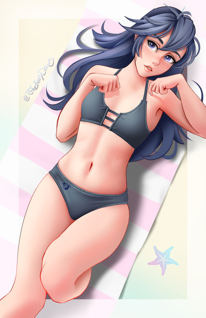 absurdres alternate_costume artist_name beach_towel bikini black_bikini blue_hair clip_studio_paint_(medium) commentary english_commentary female fire_emblem fire_emblem_awakening from_above halterneck highres jackary knee_up long_hair looking_at_viewer lucina_(fire_emblem) lying navel on_back parted_lips solo swimsuit towel