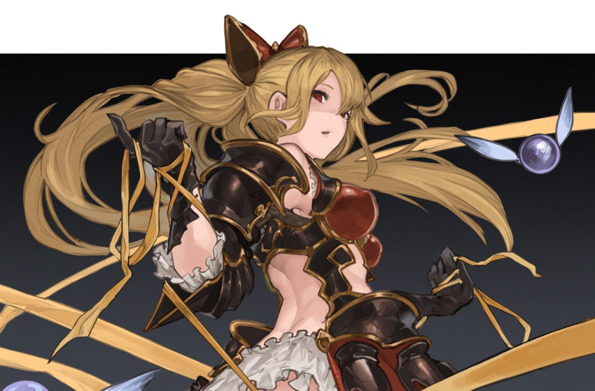 armor armored_dress back blonde_hair bow breasts disgust female frills from_behind gloves granblue_fantasy hairbow high_ponytail long_hair looking_back medium_breasts n9+ ponytail red_bow red_eyes sidelocks simple_background solo vira_(granblue_fantasy)