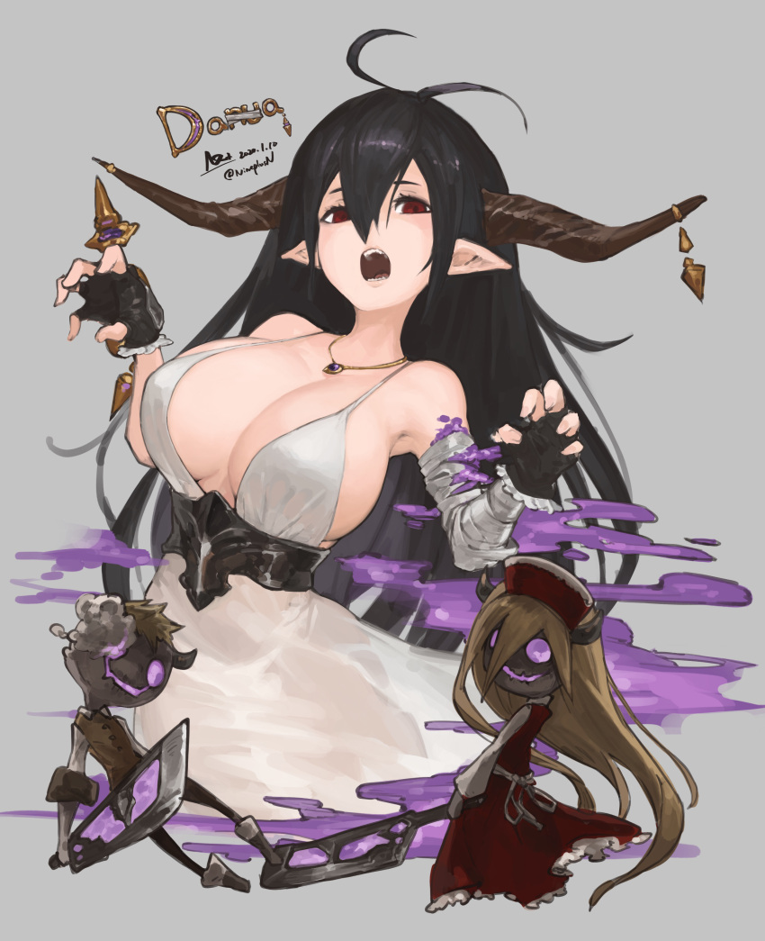 absurdres antenna_hair bandaged_arm bandages bare_shoulders black_hair breasts claw_pose cleavage danua doll draph dress female fingerless_gloves gao gloves granblue_fantasy gretel_(granblue_fantasy) hair_between_eyes hansel_(granblue_fantasy) highres horn_ornament horns jewelry large_breasts long_dress long_hair n9+ necklace open_mouth paw_pose pointy_ears red_eyes teeth weapon white_background white_dress