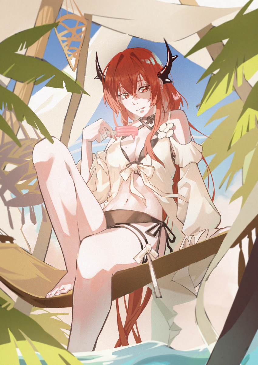 :p absurdres arknights bare_shoulders barefoot bikini black_bikini bow breasts cleavage closed_mouth criss-cross_halter dalgogi_(moonfish_1302) demon_horns detached_sleeves female food foot_out_of_frame halterneck highres holding holding_food holding_ice_cream horns ice_cream long_hair long_sleeves looking_at_viewer nail_polish navel official_alternate_costume outdoors red_eyes red_hair side-tie_bikini_bottom sitting solo surtr_(arknights) surtr_(colorful_wonderland)_(arknights) swimsuit swimsuit_cover-up thigh_strap tongue tongue_out very_long_hair water white_bow