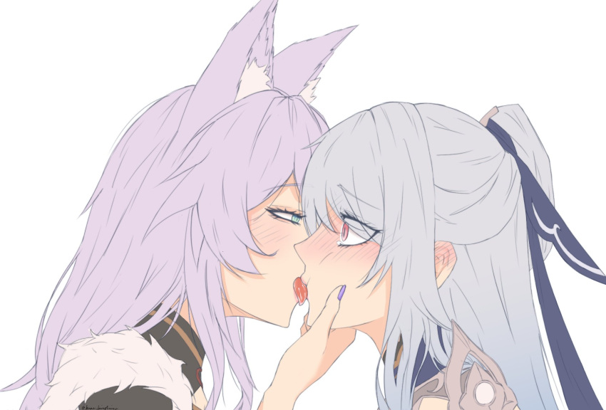 2girls al_ear_fhite_background animal_ear animal_ear_fluff animal_ears baiheng_(honkai:_star_rail) blue_ribbon blush fox_ears fox_girl french_kiss fur_trim green_eyes hair_between_eyes hand_on_another's_face high_ponytail highres honkai:_star_rail honkai_(series) jingliu_(honkai:_star_rail) kana_kirishima kissing long_hair multiple_girls ponytail purple_hair purple_nails red_eyes ribbon saliva signature surprise_kiss surprised tongue tongue_out white_hair yuri