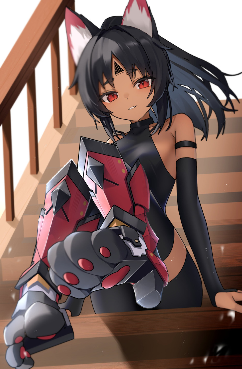 absurdres animal_ears black_hair cat_ears cat_girl dark-skinned_female dark_skin facial_mark female forehead_mark full_body highres long_hair looking_at_viewer nekomiya_mana parted_bangs parted_lips ponytail red_eyes shadow sitting sitting_on_stairs smile solo stairs thomas_8000 variant_set zenless_zone_zero