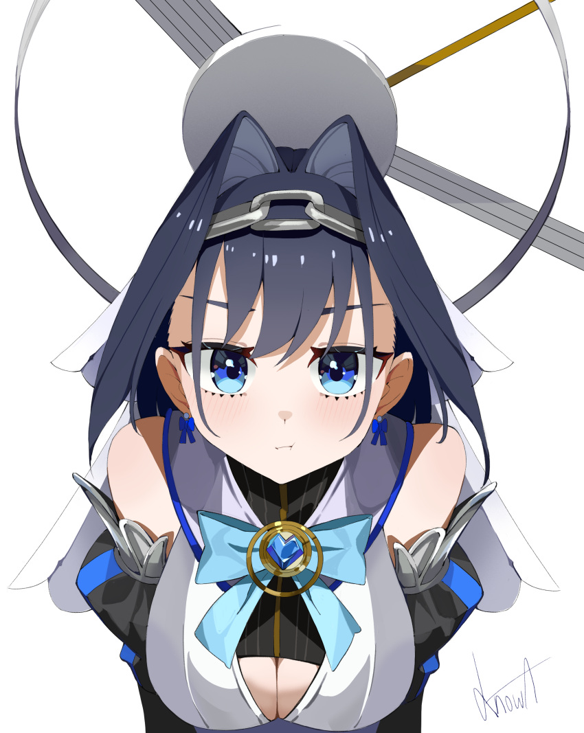 absurdres black_hair blue_eyes blue_hair bow bow_earrings breasts chain_headband chains cleavage cleavage_cutout clothing_cutout earrings english_commentary eyelashes female from_above hair_intakes halo heart-shaped_gem highres hololive hololive_english jewelry knowa_0527 large_breasts looking_at_viewer mechanical_halo ouro_kronii ouro_kronii_(1st_costume) pout ribbon_earrings short_hair signature solo upper_body virtual_youtuber white_background