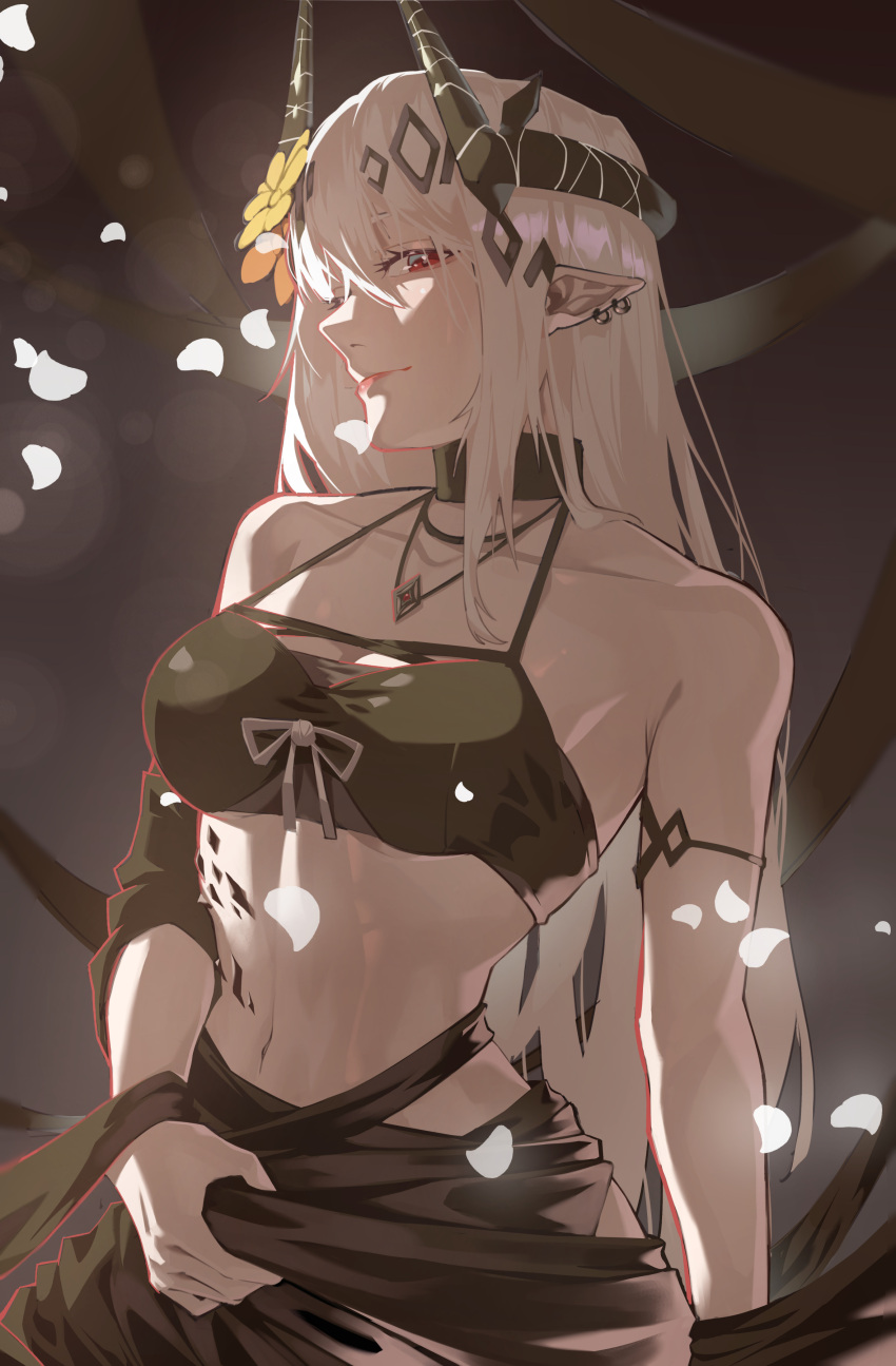 absurdres arknights bare_shoulders bikini black_bikini black_choker breasts choker cleavage closed_mouth cowboy_shot dalgogi_(moonfish_1302) female flower hair_flower hair_ornament highres horns jewelry long_hair looking_at_viewer material_growth mudrock_(arknights) mudrock_(silent_night)_(arknights) navel necklace official_alternate_costume oripathy_lesion_(arknights) pointy_ears red_eyes sarong solo swimsuit white_hair yellow_flower