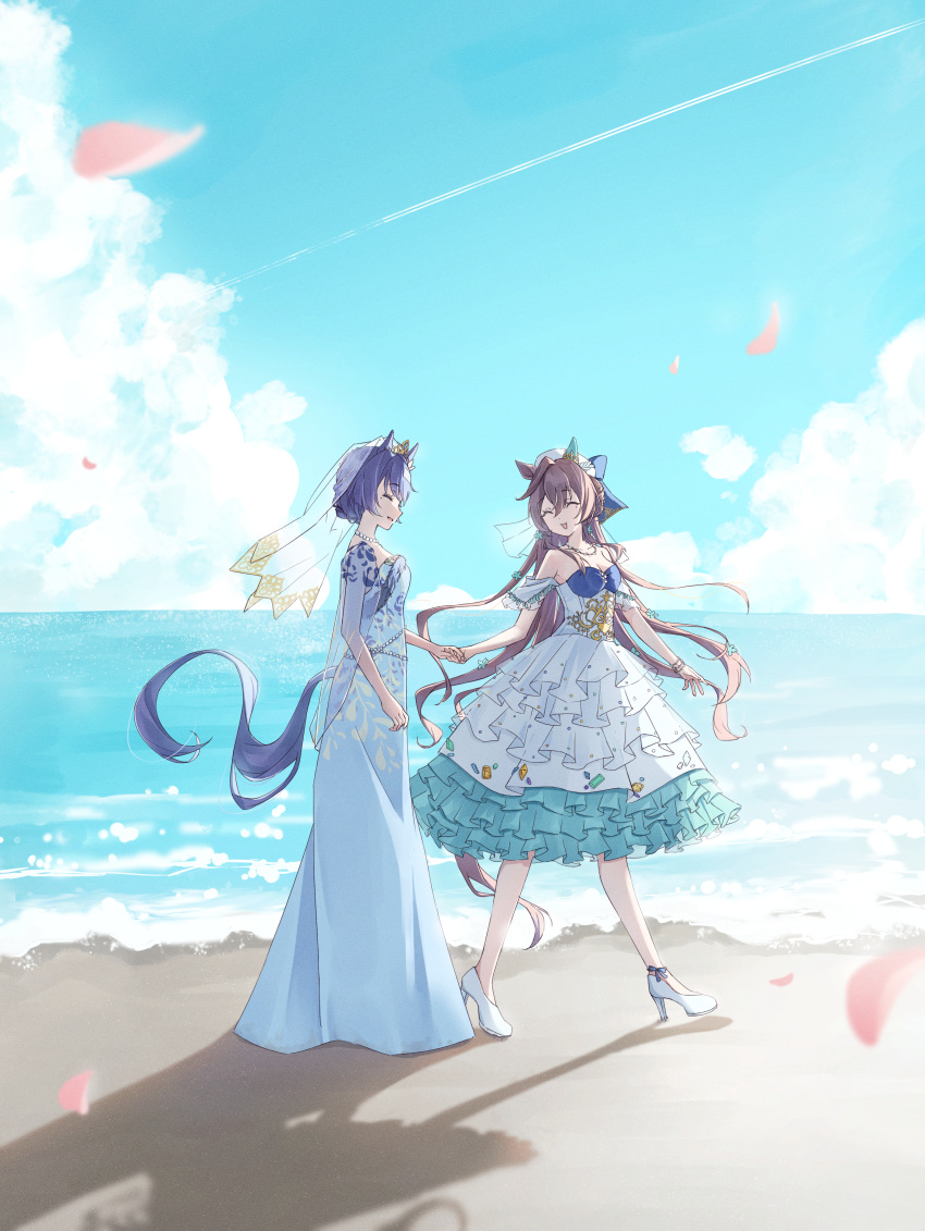 2girls ^_^ absurdres animal_ears bare_shoulders beach blue_hair breasts bridal_veil brown_hair cleavage closed_eyes cloud contrail dark_blue_hair dress ezaki_hiyori facing_another from_side hair_bun high_heels highres horse_ears horse_girl horse_tail long_hair medium_breasts multiple_girls official_alternate_costume official_alternate_hairstyle open_mouth single_hair_bun tail tail_through_clothes umamusume veil verxina_(umamusume) vivlos_(umamusume) wedding_dress white_footwear