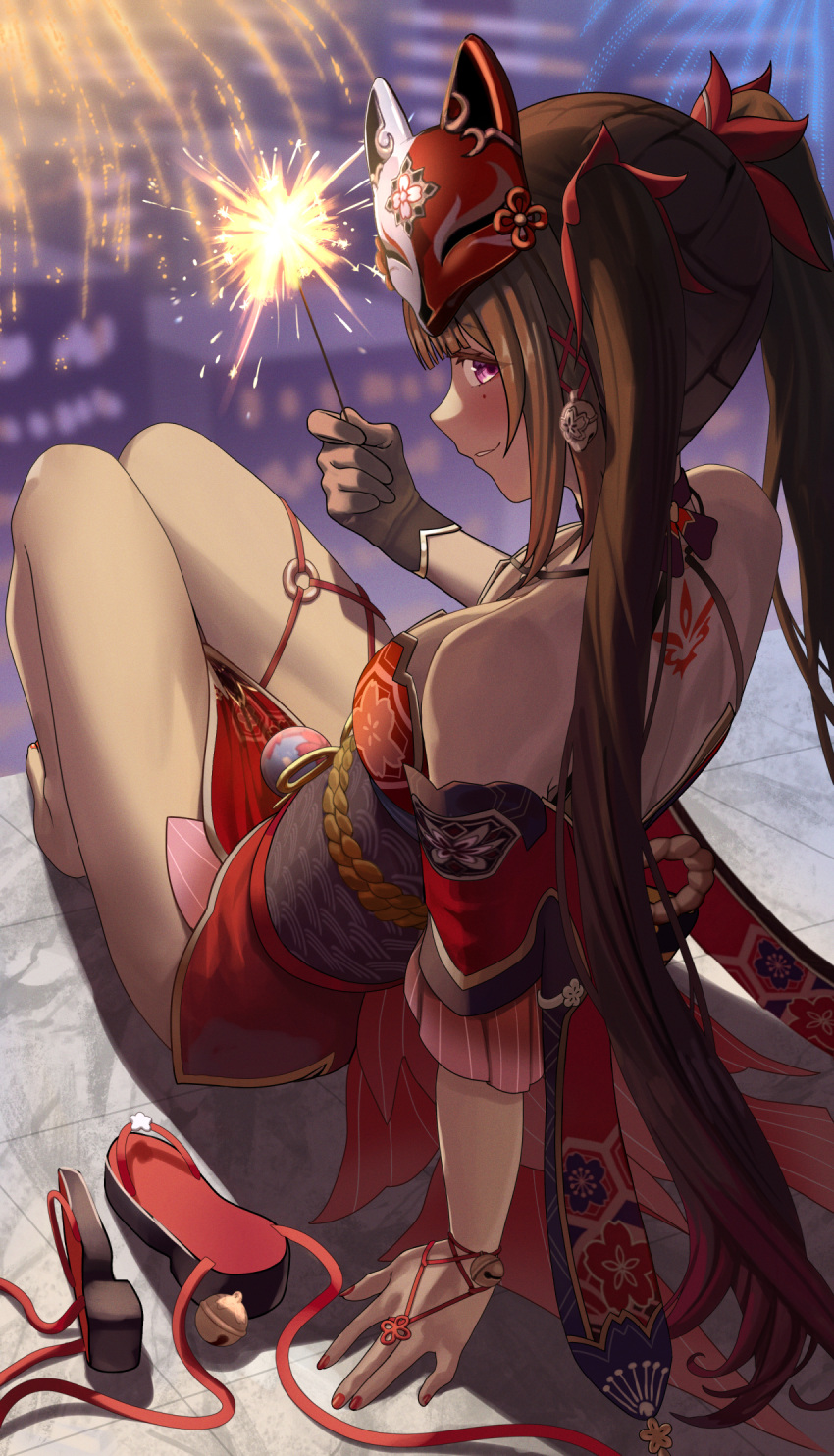 aerial_fireworks arm_support back_tattoo bare_legs bare_shoulders barefoot black_gloves blush bow breasts brown_hair circle_facial_mark commentary detached_sleeves dress english_commentary facial_mark female fireworks fox_mask from_behind gloves hair_between_eyes hairbow highres holding holding_fireworks honkai:_star_rail honkai_(series) japanese_clothes legs_together long_hair looking_at_viewer mark_under_eye mask mask_on_head median_furrow medium_breasts multiple_hair_bows nail_polish parted_lips pink_eyes red_bow red_dress red_nails red_sleeves shoulder_blades sidelocks silvertsuki single_glove sitting smile solo sparkle_(honkai:_star_rail) sparkler tattoo twintails unworn_footwear very_long_hair