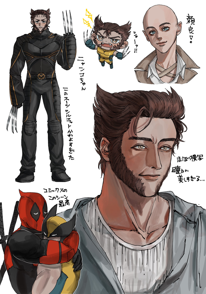 absurdres bald bald_girl beard blue_eyes bodysuit brown_hair cassandra_nova chibi claw_(weapon) deadpool deadpool_&_wolverine deadpool_(series) facial_hair female full_body highres hug immjb5x8u9akn7a katana leather_suit looking_at_viewer marvel mask multiple_boys red_bodysuit red_mask smile superhero_costume sword sword_on_back translation_request two-tone_bodysuit weapon weapon_on_back wolverine_(x-men) x-men x-men_film_series yaoi yellow_bodysuit