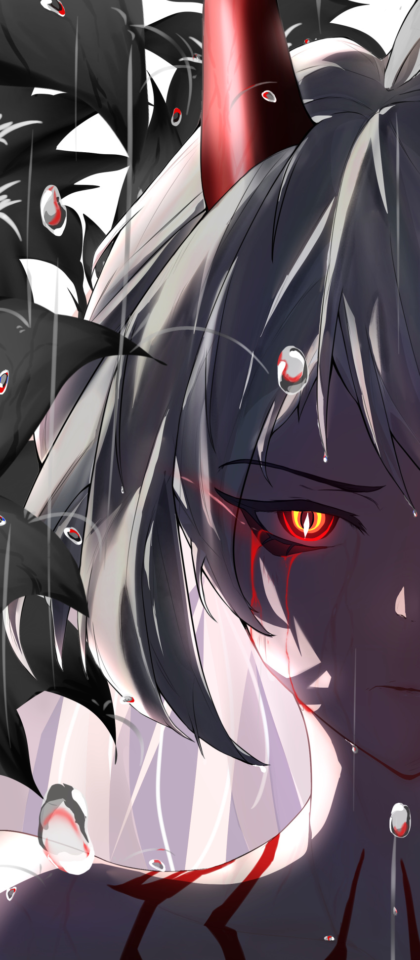 absurdres acheron_(honkai:_star_rail) acheron_(izumo)_(honkai:_star_rail) alyome black_flower blood blood_from_eyes body_markings closed_mouth commentary female flower highres honkai:_star_rail honkai_(series) horns limited_palette long_hair looking_at_viewer official_alternate_color portrait rain red_eyes red_horns serious solo water_drop wet white_hair