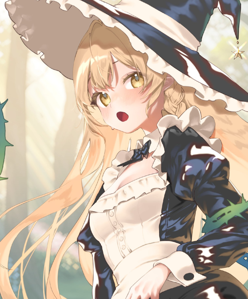 :o apron black_bow black_bowtie black_hat blonde_hair blurry blurry_background blush bow bowtie braid breasts buttons cleavage female forest frilled_hat frills hat hat_ornament highres juliet_sleeves kirisame_marisa long_hair long_sleeves mokokiyo_(asaddr) nature open_mouth plant puffy_sleeves side_braid sleeve_cuffs solo star_(symbol) star_hat_ornament sweat thorns touhou two-sided_fabric two-sided_headwear very_long_hair vines white_apron witch_hat yellow_eyes