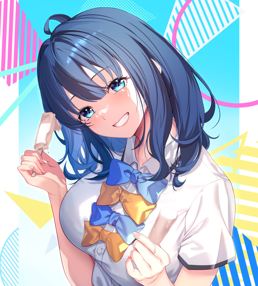 absurdres ahoge blue_bow blue_bowtie blue_hair bow bowtie breasts collared_shirt female food grin head_tilt highres holding holding_food holding_ice_cream ice_cream large_breasts ldfe_mk2 looking_at_viewer make_heroine_ga_oo_sugiru! medium_hair shirt short_sleeves smile solo summer_uniform upper_body white_shirt yanami_anna yellow_bow yellow_bowtie