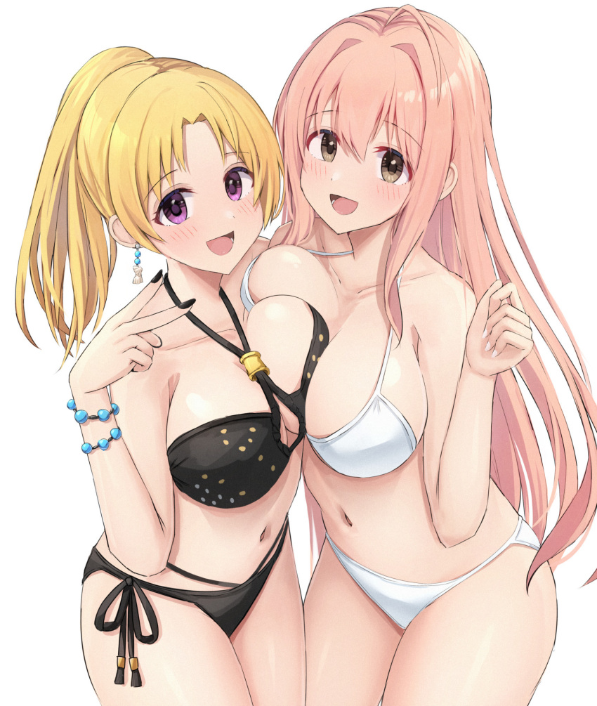 2girls :d asymmetrical_docking bikini black_bikini blonde_hair breast_press breasts brown_eyes collarbone earrings highres idolmaster idolmaster_cinderella_girls jewelry kiryu_tsukasa_(idolmaster) large_breasts long_hair looking_at_viewer multiple_girls navel open_mouth parted_bangs pink_hair ponytail purple_eyes saionji_kotoka side-tie_bikini_bottom simple_background smile standing swimsuit tabii thighs tongue white_background white_bikini