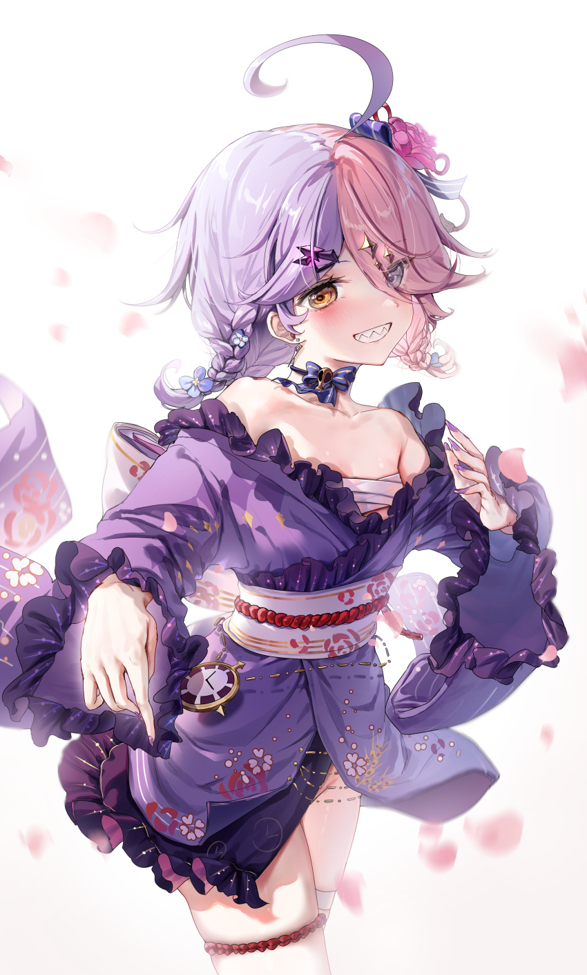 :d absurdres ahoge benghuai_xueyuan breasts chest_sarashi female flower frilled_kimono frills hair_flower hair_ornament hair_over_one_eye heterochromia highres honkai_(series) japanese_clothes kimono multicolored_hair obi petals pink_flower pink_hair pink_rose purple_eyes purple_hair purple_kimono rose sarashi sash sharp_teeth short_hair simple_background sin_mal sin_mal0909 small_breasts smile solo teeth thigh_strap two-tone_hair white_background yellow_eyes yukata