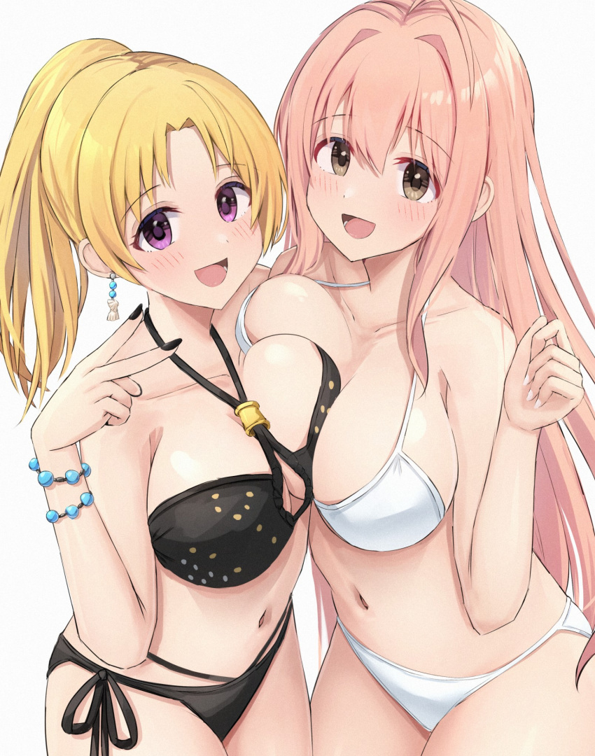 2girls bikini black_bikini blonde_hair blush bracelet breast_press breasts earrings green_eyes highres idolmaster idolmaster_cinderella_girls jewelry kiryu_tsukasa_(idolmaster) large_breasts looking_at_viewer multiple_girls navel open_mouth pink_hair ponytail purple_eyes saionji_kotoka side-tie_bikini_bottom simple_background smile swimsuit tabii v white_background white_bikini